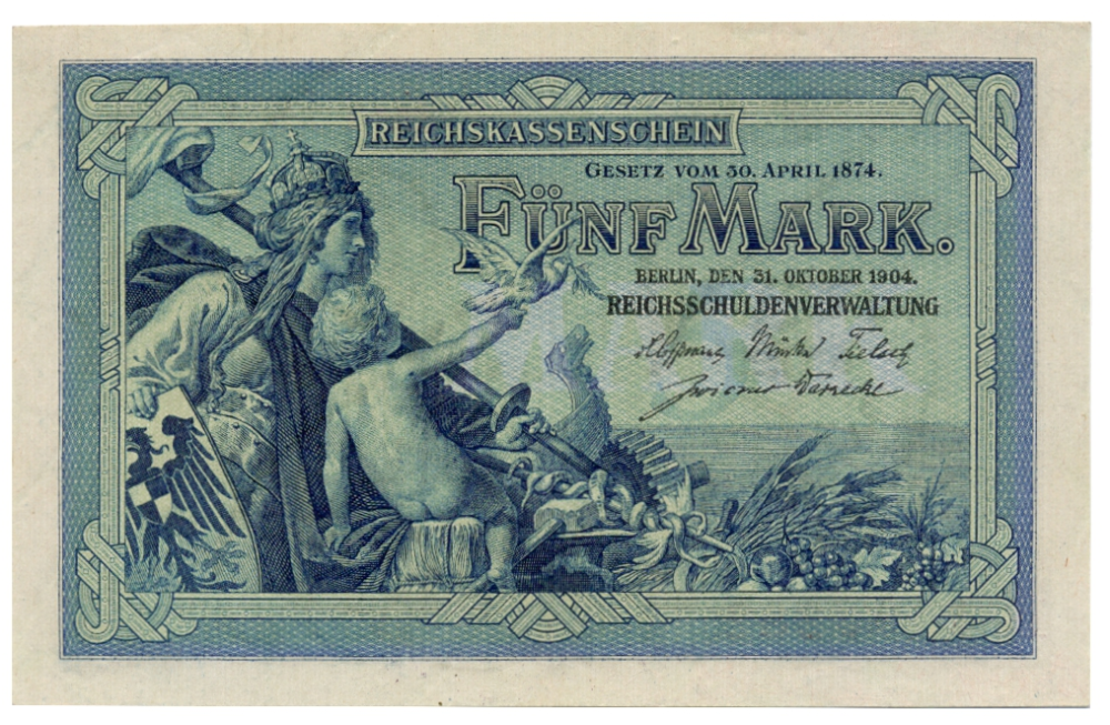 Billete Alemania 5 Mark 1904 Germania con un niño y una paloma - Numisfila