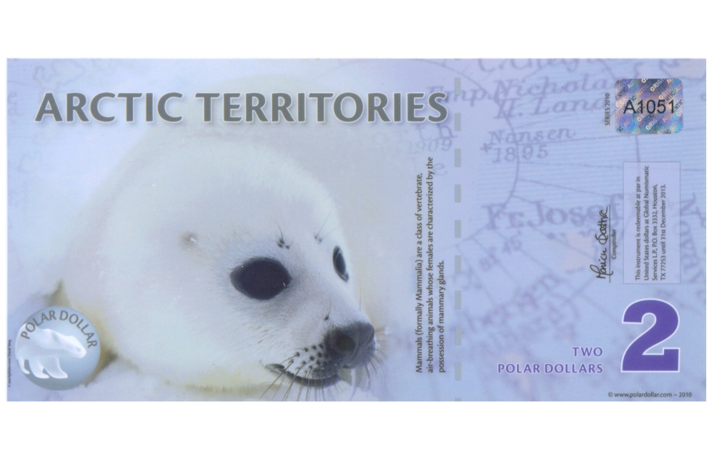 Billete Plastico Territorios Árticos  2 Dolares 2010 Foca Blanca  - Numisfila