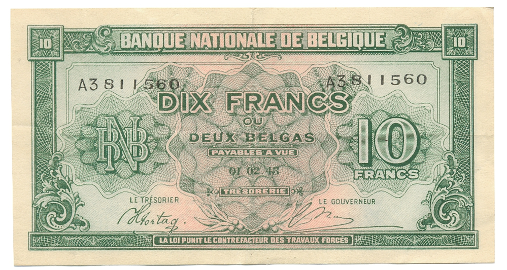 Billete Bélgica 10 Francs / 2 Belgas 1943 Rey Leopoldo III - Numisfila