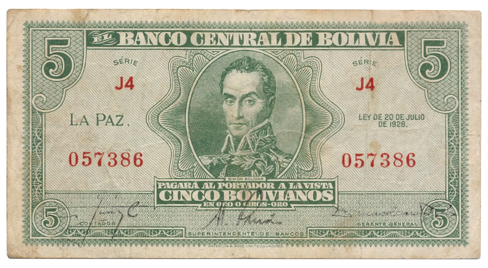 Billete Bolivia 5 Bolivianos 1928 Simón Bolívar  - Numisfila