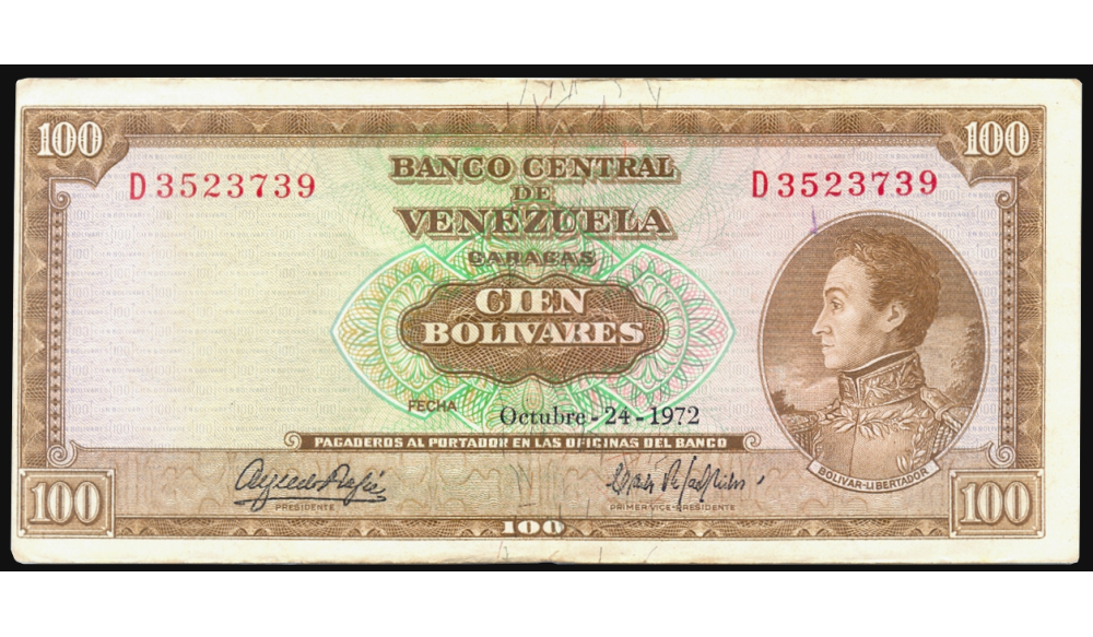 Error Billete 100 Bolívares Octubre 1972 D7 Serial D3523739 - Numisfila