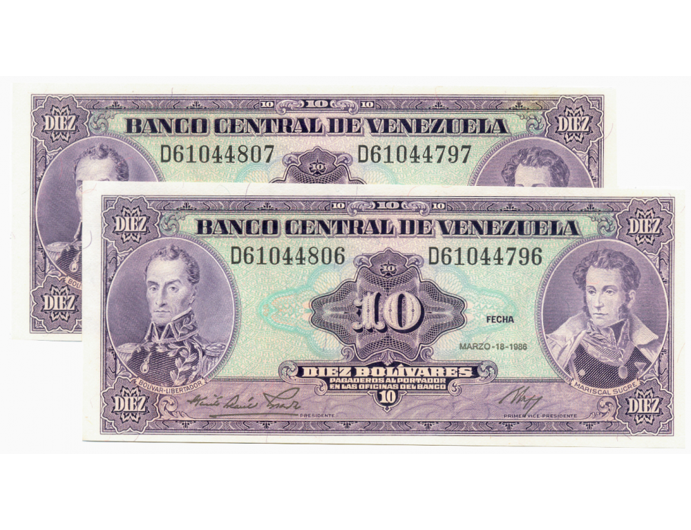 Error Distintos Seriales D8 Billetes 10 Bolívares 1986 D61044806 y D61044796 - D61044807 y D61044797 - Numisfila