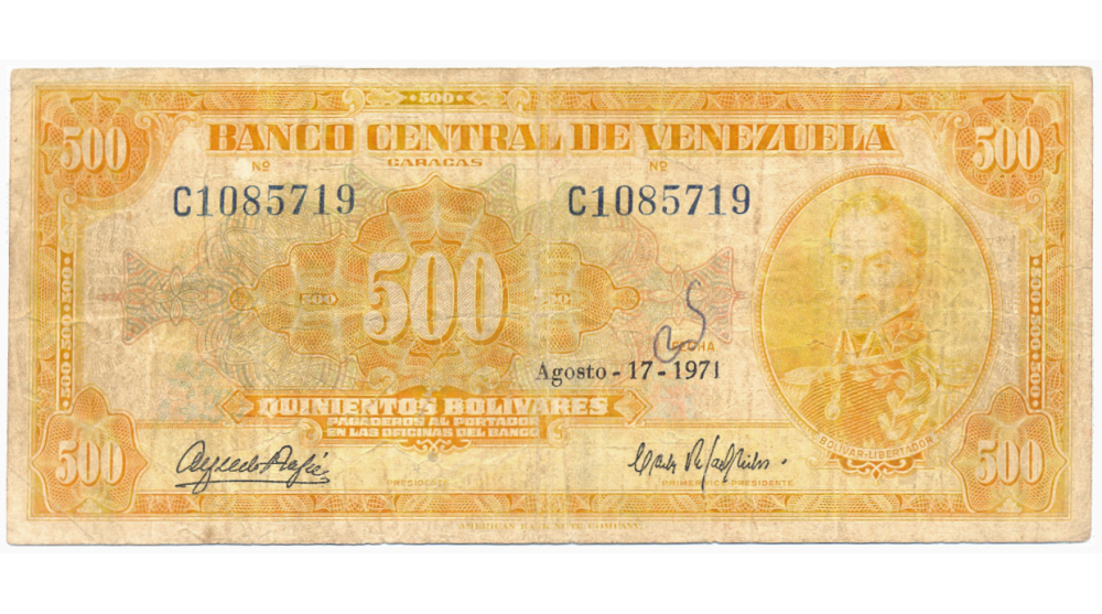 Billete 500 Bolívares Agosto 1971 C7 Serial C1085719 Canari...