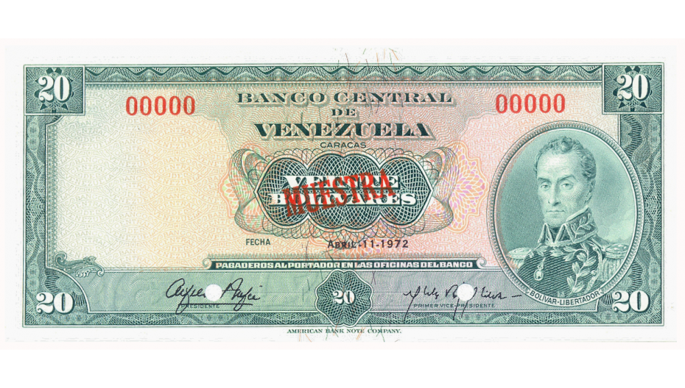 Muestra Billete 20 Bolívares Abril 1972 Serial 00000 - Numisfila