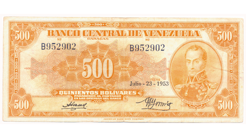 Billete 500 Bolívares 1953 B6 Serial B952902 Canario  - Numisfila