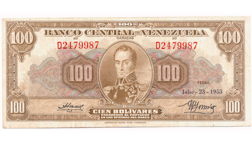 Billete 100 Bolívares 1953 D7 Serial D2479987  - Numisfila