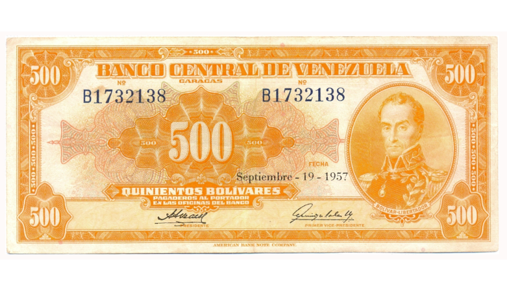 Billete Canario 500 Bolívares Septiembre 1957 Serial B1732138 - Numisfila