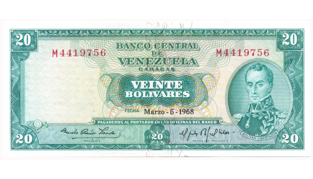 Pareja Billetes 20 Bolívares 1968 M7 Seriales M4419755 y M4419756  - Numisfila