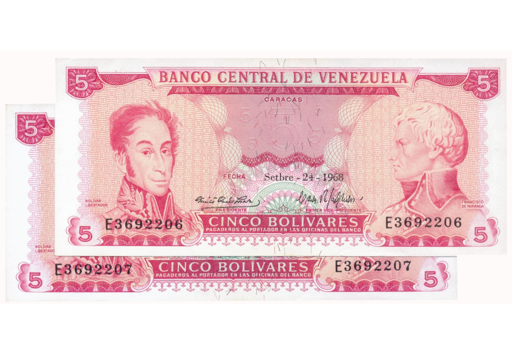 Pareja Billetes 5 Bolívares 1968 E7 Seriales E3692206 y E3692207 - Numisfila