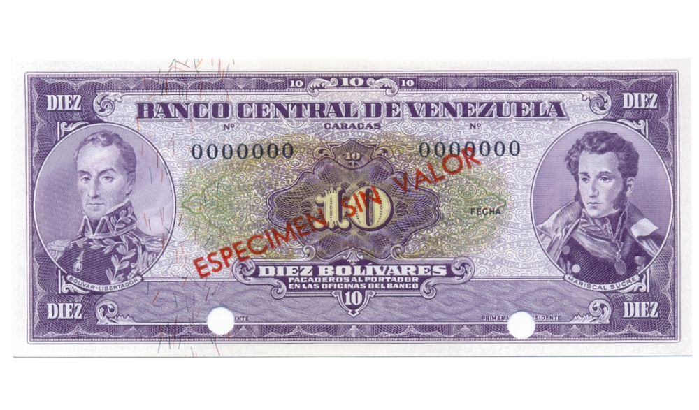 Billete 10 Bolívares 1963/70 Especimen Sin Valor  - Numisfila