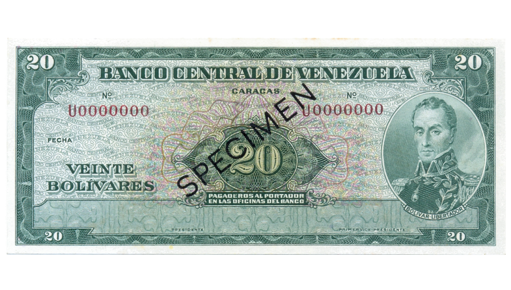 Billete Specimen 20 Bolívares 1960/66 Serial U0000000 - Numisfila