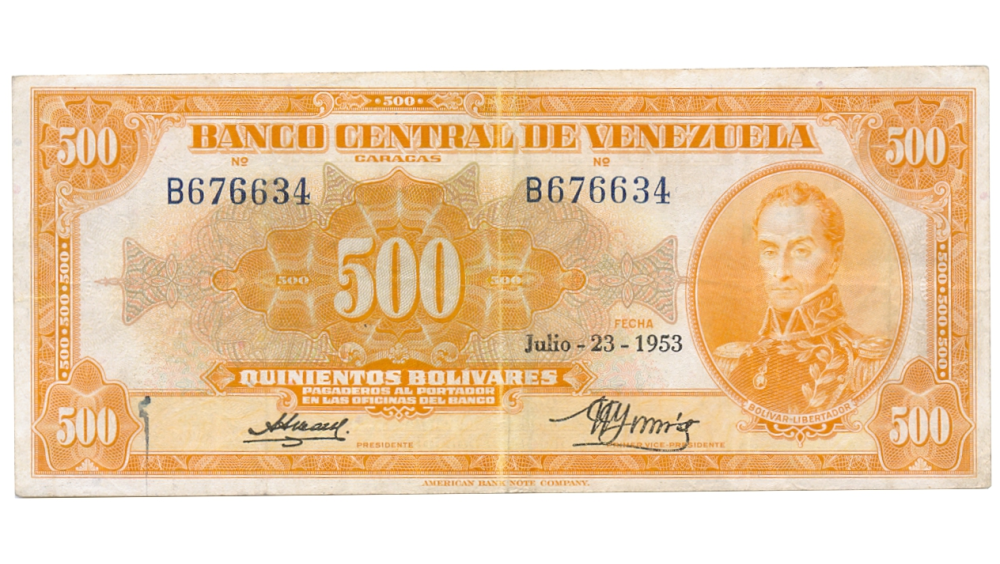 Billete 500 Bolívares 1953 B6 Serial B676634 Canario - Numisfila