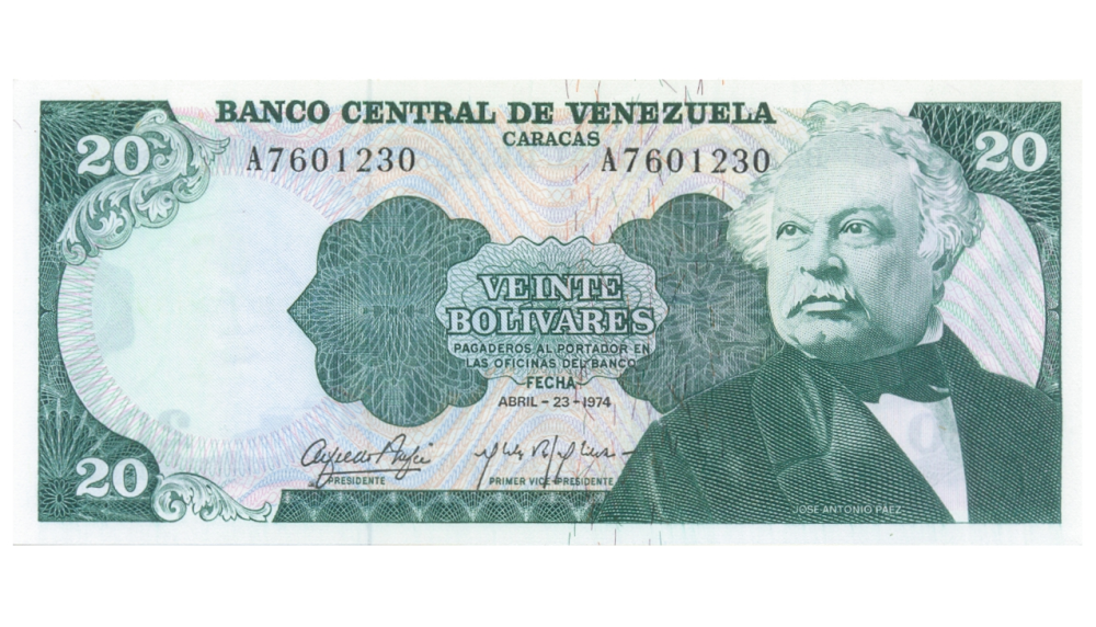 Billete 20 Bolívares Abril 1974 Serial A7601230 - A7 1ra serie del año - Numisfila