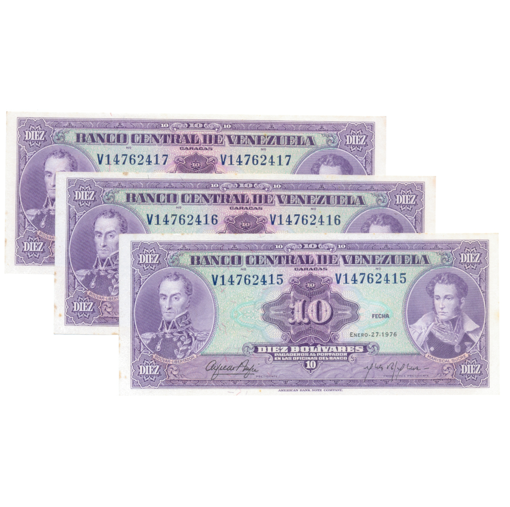 Trío de Billetes 10 Bolívares 1976 V8 Seriales Consecutivos V14762415, V14762416 Y V14762417  - Numisfila