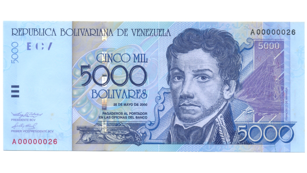 Billete 5000 Bolívares 2000 Serial Bajo A00000026 - Numisfila