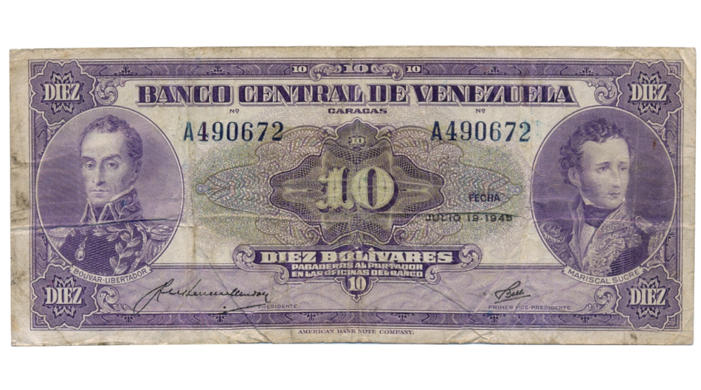 1ra Emisión Billete 10 Bolivares Julio 1945 A6 - Serial A490672  - Numisfila