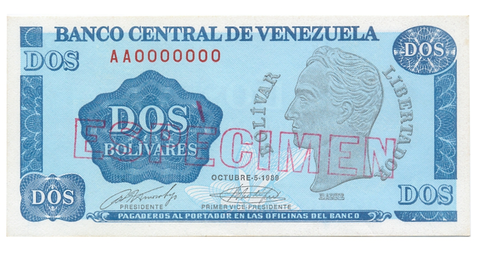 Espécimen Billete 2 Bolívares 1989 Inclinación ESPECIMEN casi alineado - Numisfila