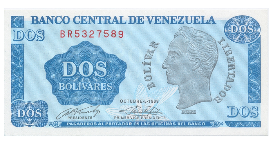 Billete 2 Bolívares 1989 Difícil BR7 Serial BR5327589 - Numisfila