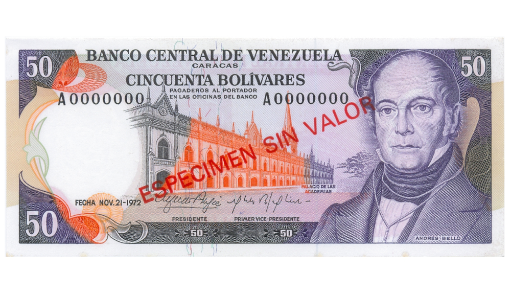  Espécimen Sin Valor Billete 50 Bolívares 1972 Sin Perforaciones - Numisfila