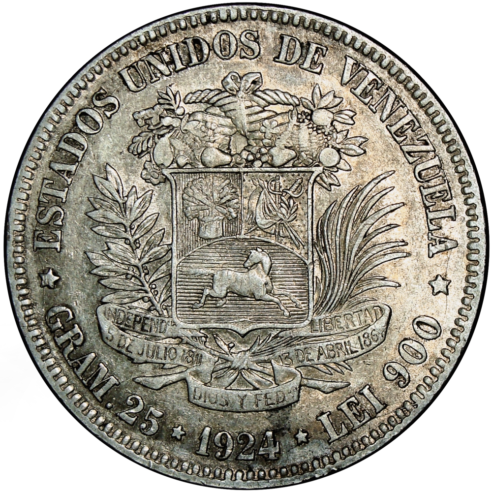 Moneda de Plata 5 Bolívares 1924 Fuerte  - Numisfila