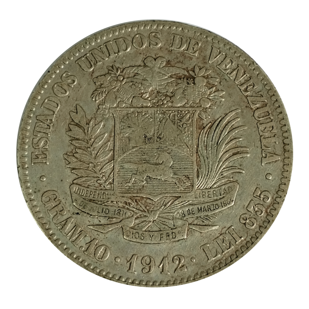 Moneda de Plata 2 Bolívares 1912 Fecha Ancha - Numisfila