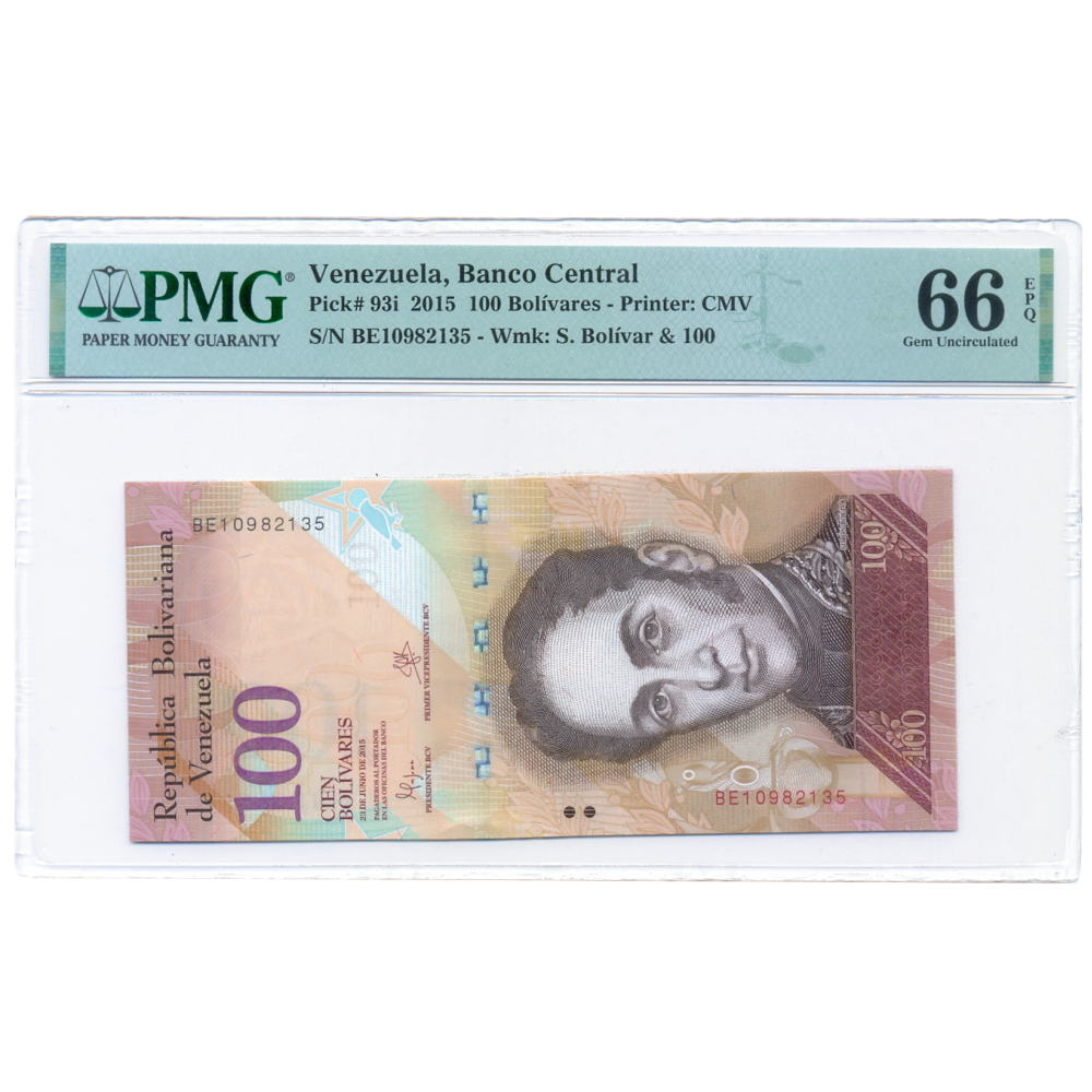 Billete 100 Bolívares Junio 2015 BE8 PMG 66 Serial BE10982135 - Numisfila