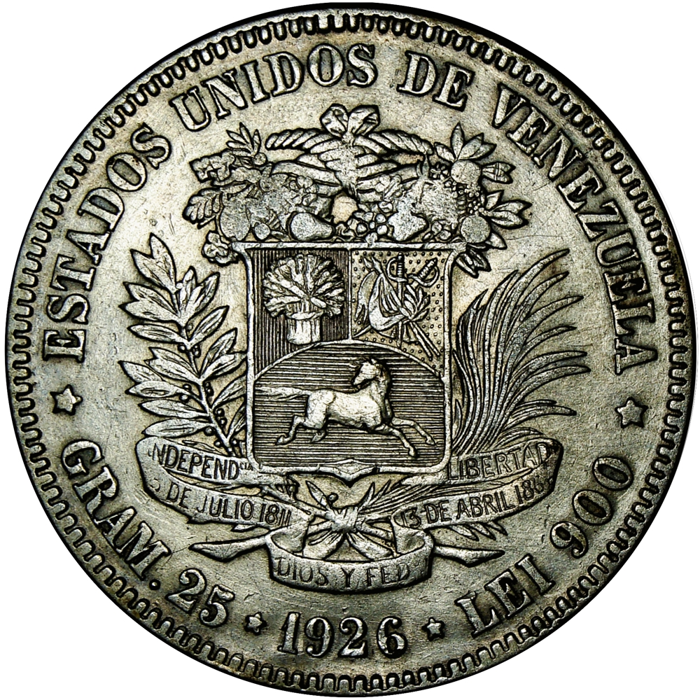 Fuerte Moneda de Plata 5 Bolívares 1926 Fecha Ancha 2 Alto - Numisfila