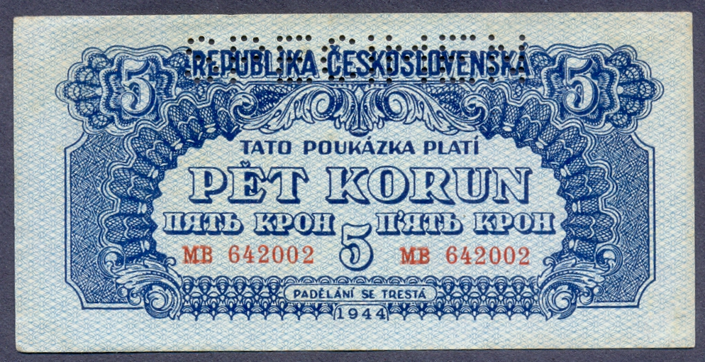 Checoslovaquia Specimen Billete 5 Korun 1944 Tercera República  - Numisfila