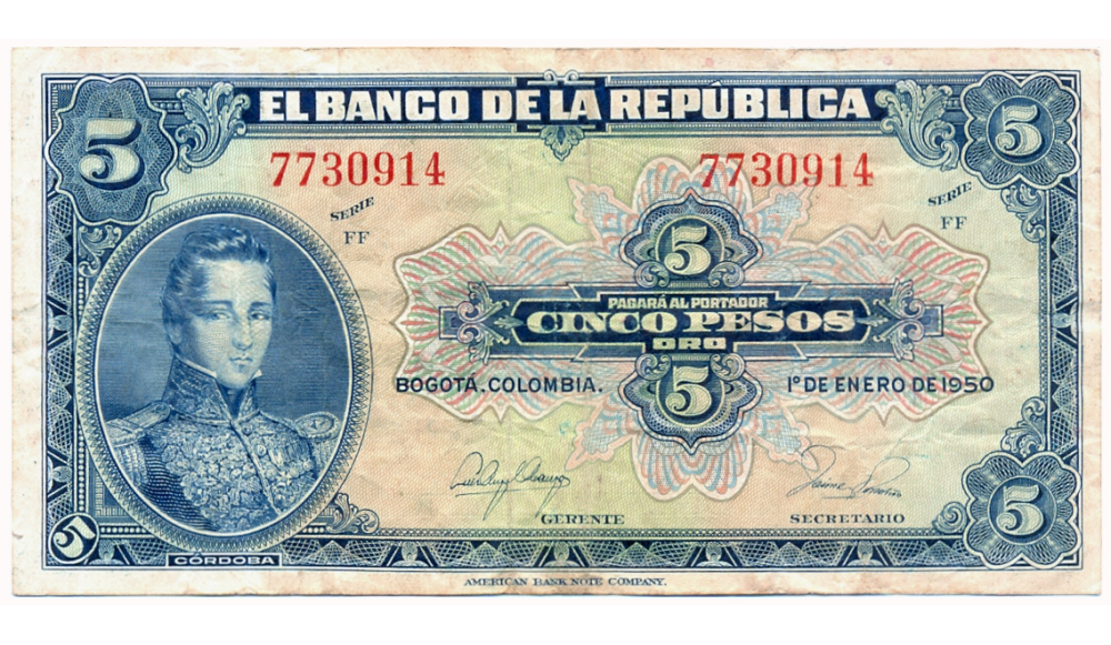Billete Colombia 5 Pesos Oro 1950 Córdoba - Numisfila