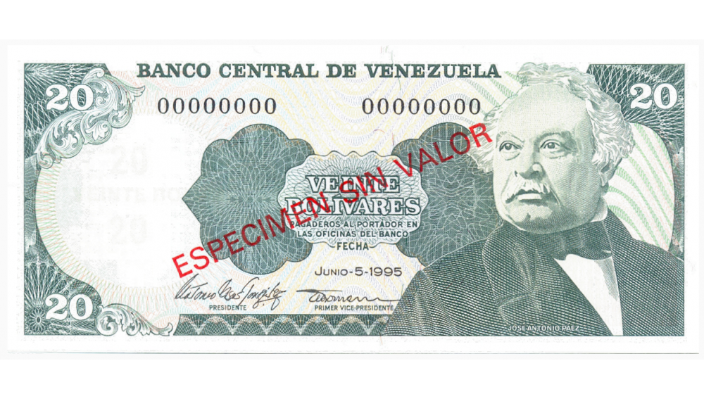 Espécimen Sin Valor Billete 20 Bolívares 1995 	 - Numisfila