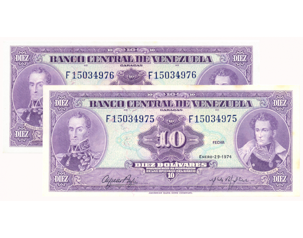 Pareja Billetes 10 BolÍvares 1974 F8 Seriales F15034975 Y F...