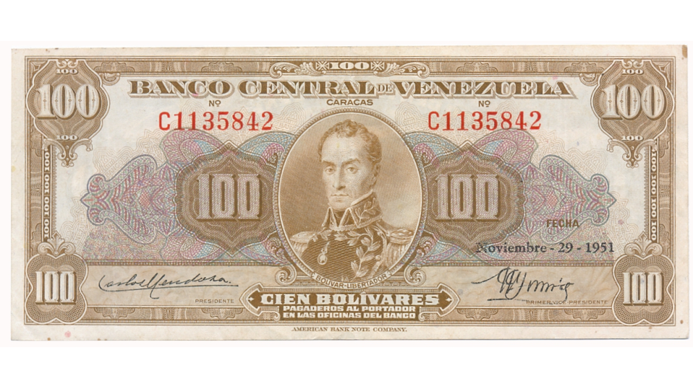 Billete 100 Bolívares Noviembre 1951 C7 Serial C1135842 - Numisfila