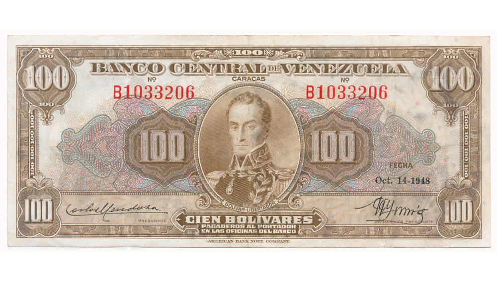 Billete 100 Bolívares Octubre 1948 B7 Serial B1033206 - Numisfila