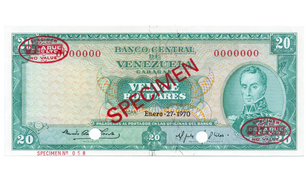 Billete Specimen De La Rue & CO LTD 20 Bolívares 1970 #058  - Numisfila