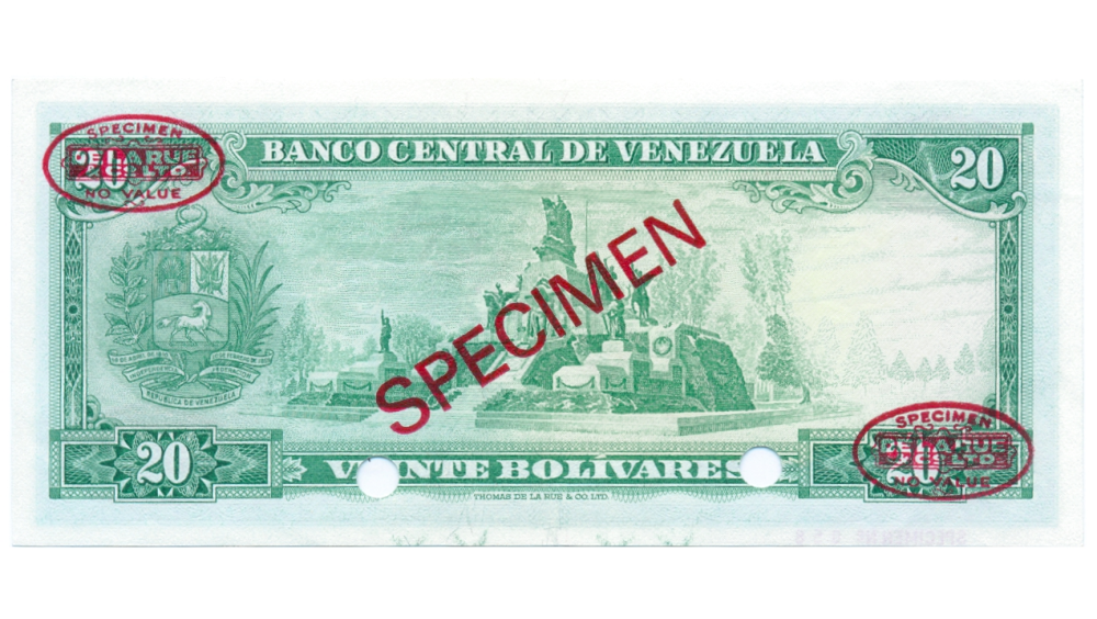 Billete Specimen De La Rue & CO LTD 20 Bolívares 1970 #058  - Numisfila