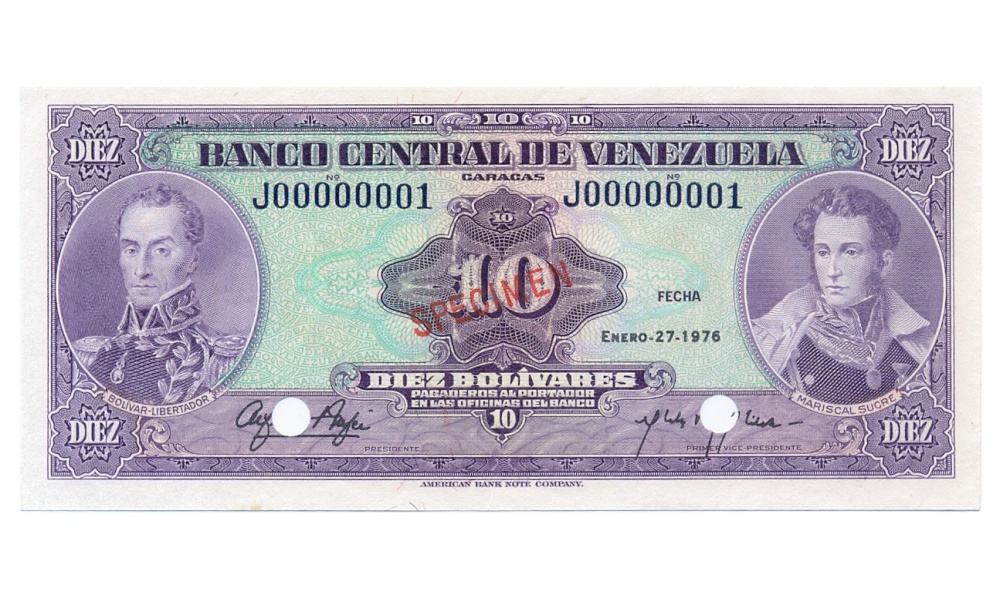 Specimen Billete 10 Bolívares 1976 Serial J00000001 - Numisfila