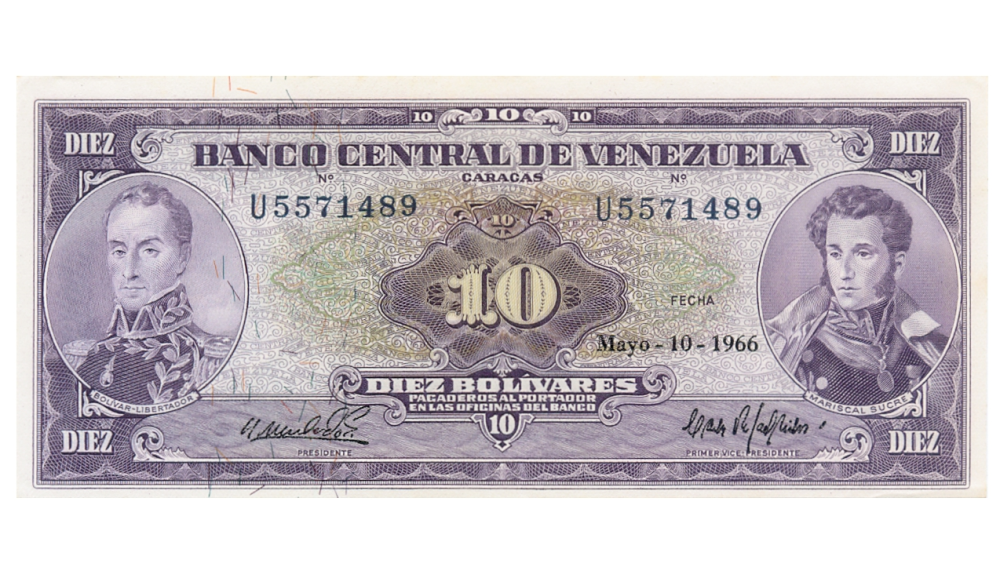 Billete 10 Bolívares 1966 U7 Serial U5571489 - Numisfila