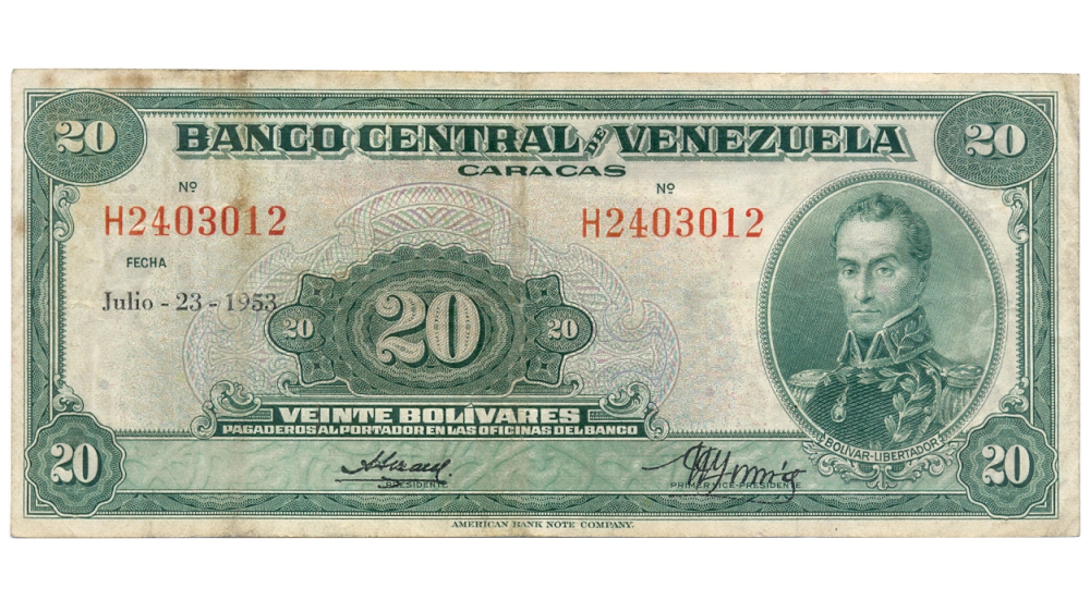 Billete 20 Bolívares 1953 H7 Serial H2403012 - Numisfila