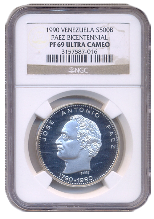 Moneda 500 Bolívares Páez 1990 NGC PF 69 Ultra Cameo  - Numisfila