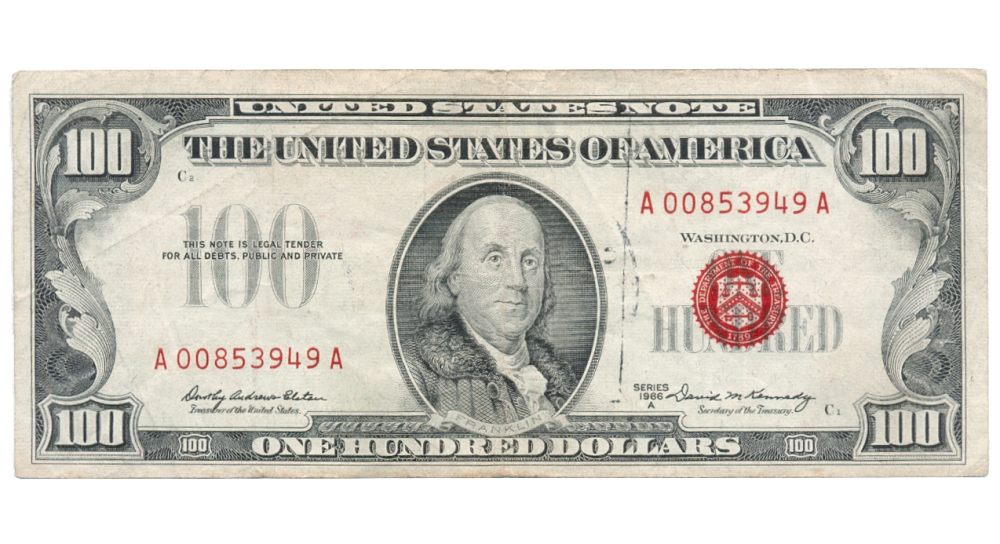 Billete EE. UU. 100 Dollars 1966 Sello Rojo - Serial A00853949A - Numisfila