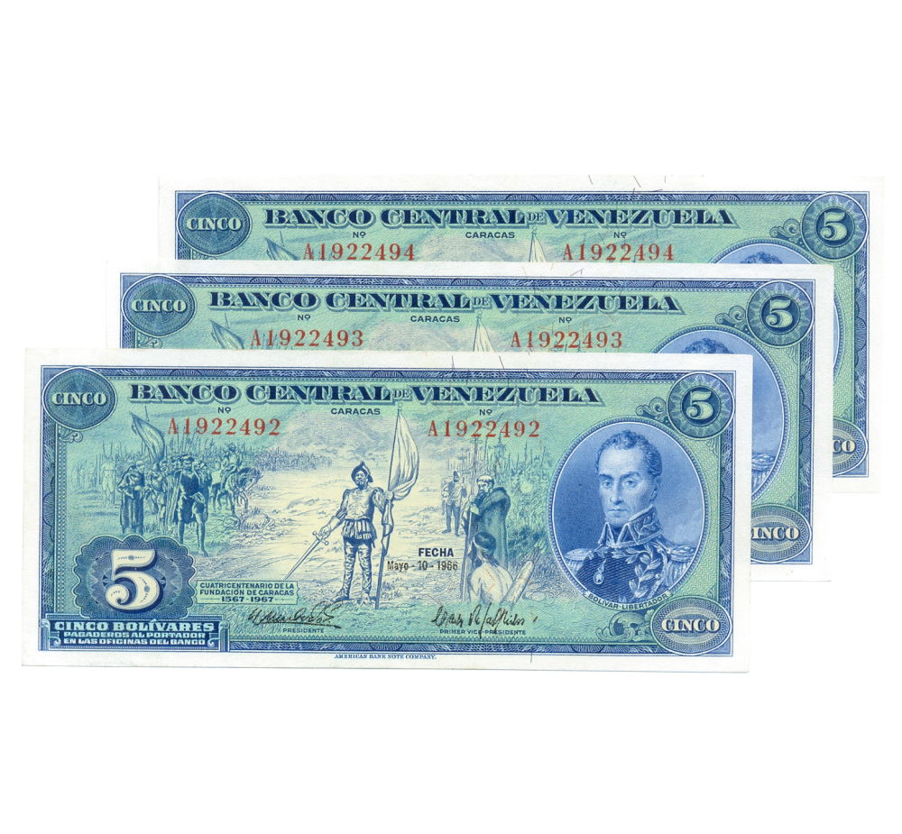 Trío Billetes 5 Bolívares 1966 A7 Seriales A1922492 al A1922494 - Numisfila