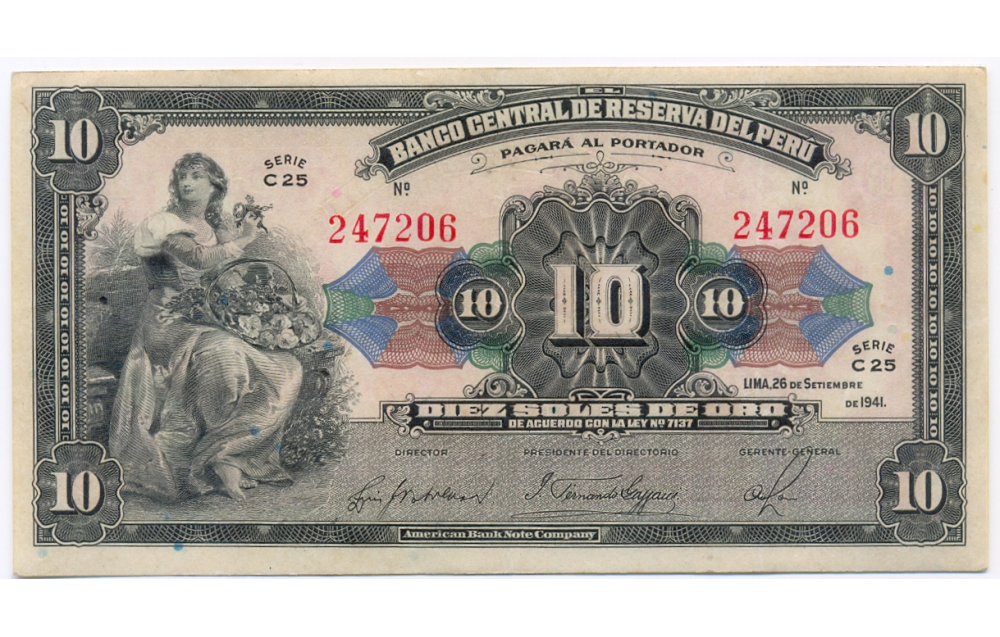 Billete Perú 10 Soles de Oro 1941 Clásico Mujer con Flores - Numisfila