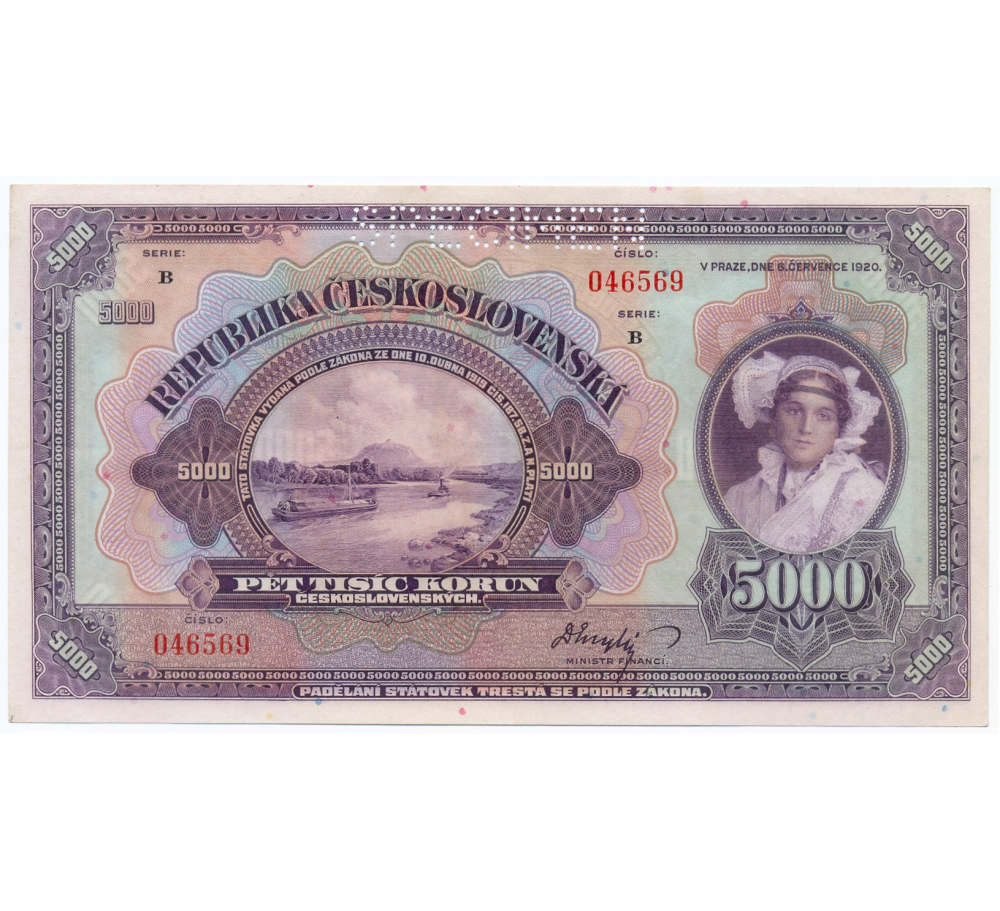 Gran Billete Specimen Checoslovaquia 5.000 Korun 1920 1ra República - Numisfila