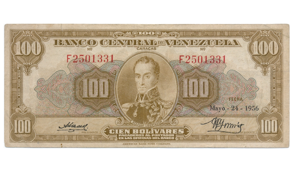 Billete 100 Bolívares Mayo 1956 F7 Serial F2501331 - Numisfila