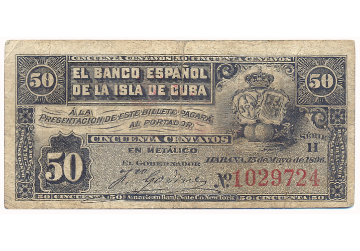Billete Cuba 50 centavos 1896 El Banco Español de la Isla de Cuba  - Numisfila