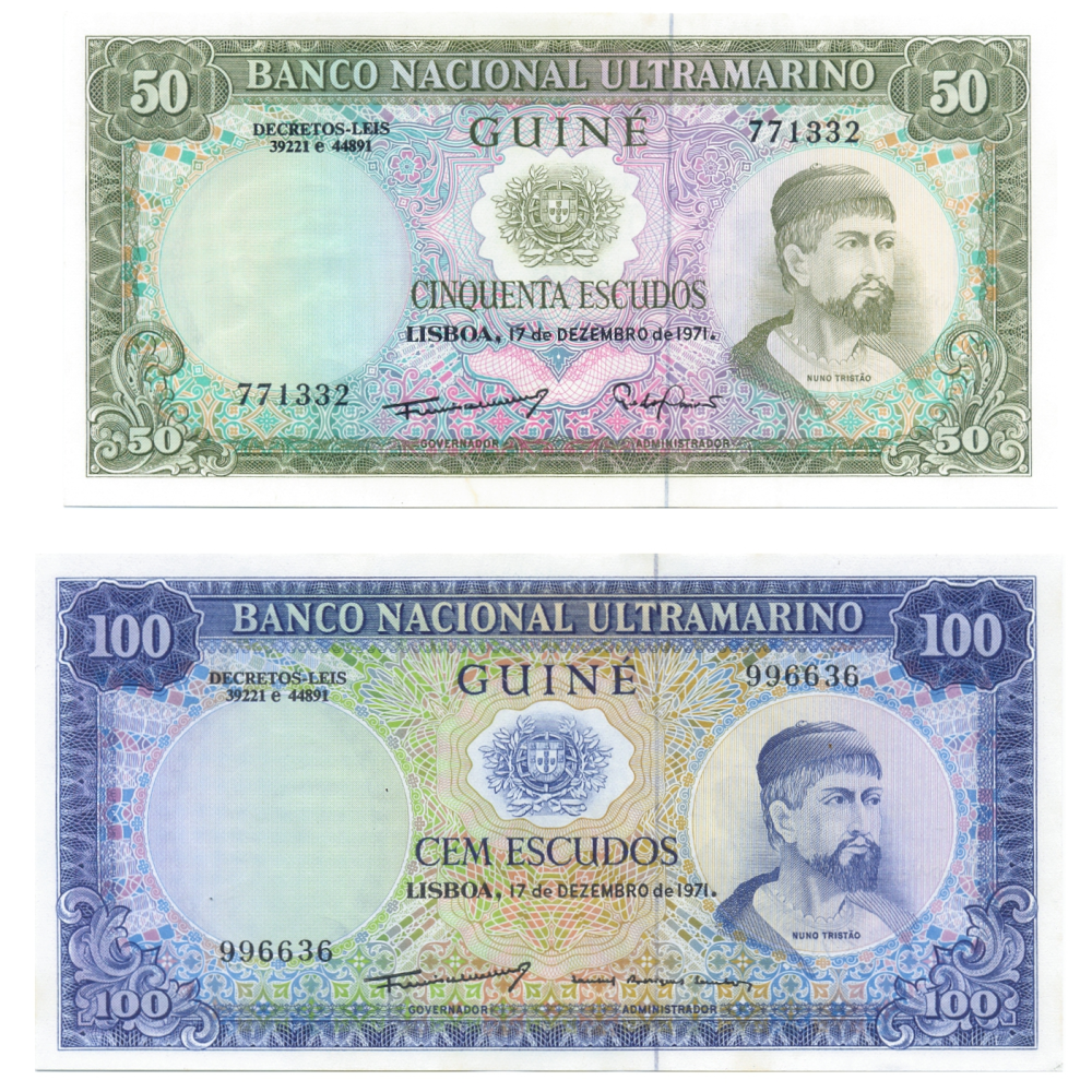Set 2 Billetes Guinea Portuguesa 50 y 100 Escudos 1971  - Numisfila