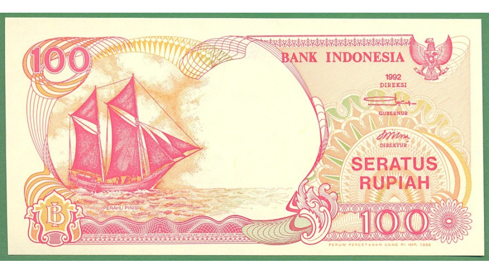 Billete Indonesia 100 Rupias 1992 Barco y Volcán - Numisfila
