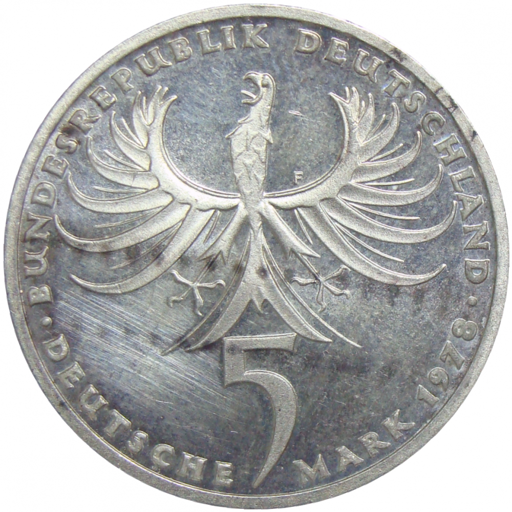 Moneda de Plata Alemania 5 Marcos 1978 J. Balthasar Neumann  - Numisfila