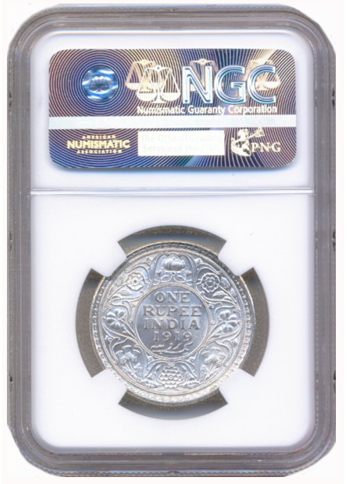 Moneda de Plata India One Ruppe 1919 C NGC MS 62 George V  - Numisfila