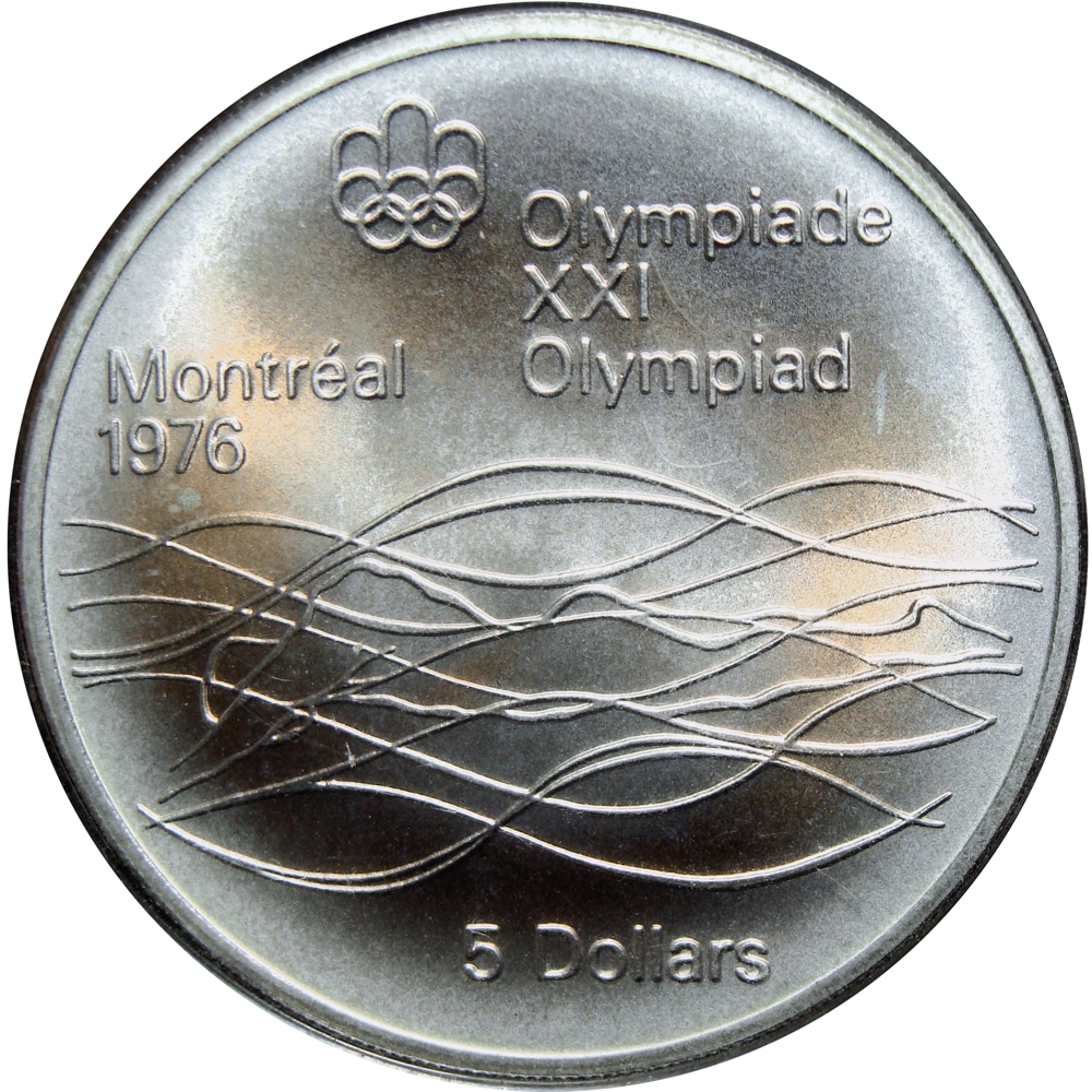 Moneda de Plata Canadá 5 Dolares 1975 Natación Olímpica Juegos Montreal 1976  - Numisfila